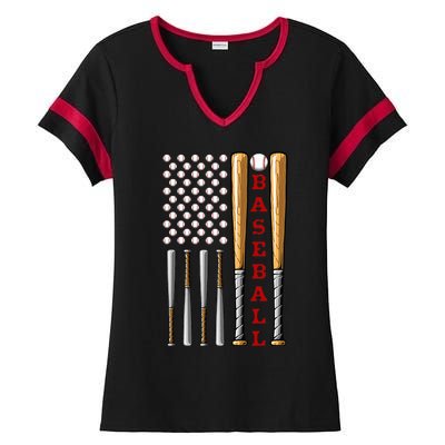 Patriotic Us American Baseball Flag Vintage Baseball Flag Ladies Halftime Notch Neck Tee