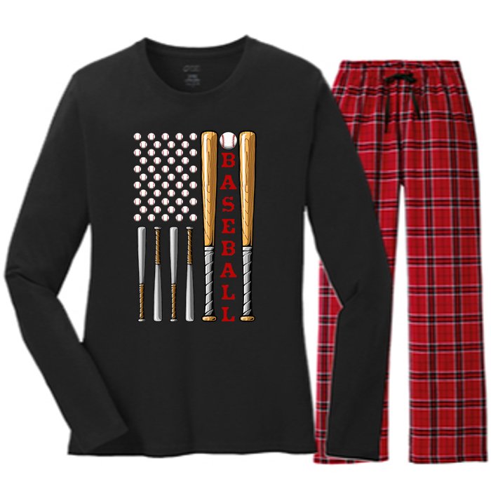 Patriotic Us American Baseball Flag Vintage Baseball Flag Women's Long Sleeve Flannel Pajama Set 