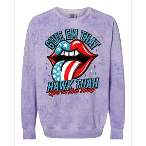 Patriotic Usa American Flag Lips Give Em That Hawk Tuah Spit On That Thang Colorblast Crewneck Sweatshirt