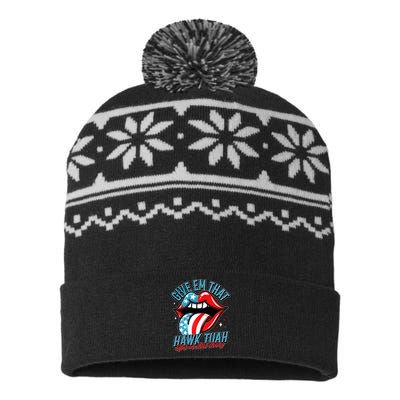 Patriotic Usa American Flag Lips Give Em That Hawk Tuah Spit On That Thang USA-Made Snowflake Beanie