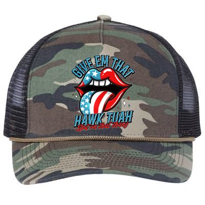 Patriotic Usa American Flag Lips Give Em That Hawk Tuah Spit On That Thang Retro Rope Trucker Hat Cap