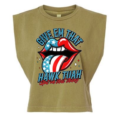 Patriotic Usa American Flag Lips Give Em That Hawk Tuah Spit On That Thang Garment-Dyed Women's Muscle Tee