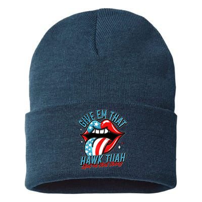 Patriotic Usa American Flag Lips Give Em That Hawk Tuah Spit On That Thang Sustainable Knit Beanie