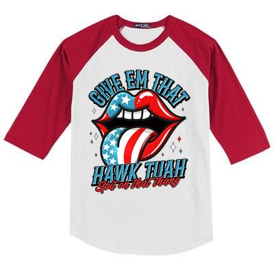 Patriotic Usa American Flag Lips Give Em That Hawk Tuah Spit On That Thang Kids Colorblock Raglan Jersey