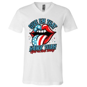 Patriotic Usa American Flag Lips Give Em That Hawk Tuah Spit On That Thang V-Neck T-Shirt