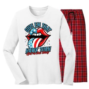 Patriotic Usa American Flag Lips Give Em That Hawk Tuah Spit On That Thang Women's Long Sleeve Flannel Pajama Set 