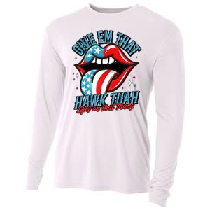 Patriotic Usa American Flag Lips Give Em That Hawk Tuah Spit On That Thang Cooling Performance Long Sleeve Crew