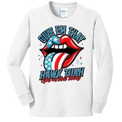 Patriotic Usa American Flag Lips Give Em That Hawk Tuah Spit On That Thang Kids Long Sleeve Shirt