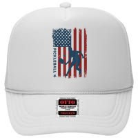 Pickleball Usa American Flag Pickle Ball Player High Crown Mesh Back Trucker Hat