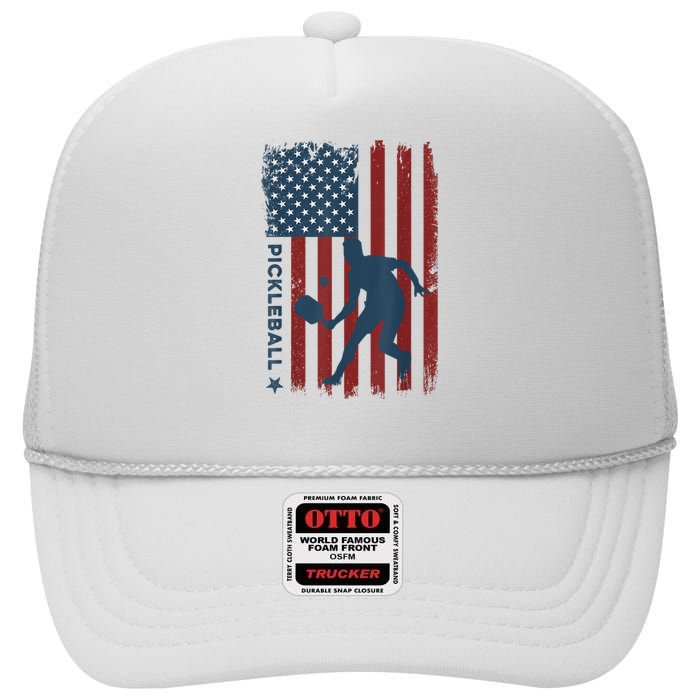 Pickleball Usa American Flag Pickle Ball Player High Crown Mesh Back Trucker Hat