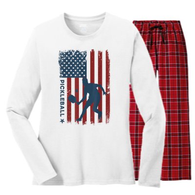 Pickleball Usa American Flag Pickle Ball Player Women's Long Sleeve Flannel Pajama Set 