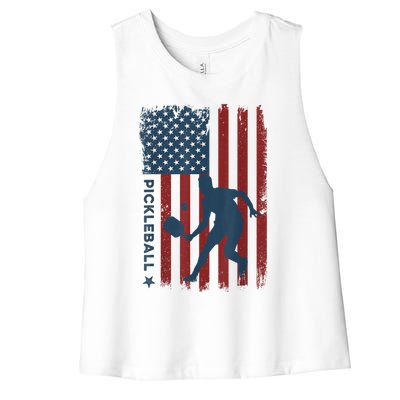 Pickleball Usa American Flag Pickle Ball Player Women's Racerback Cropped Tank