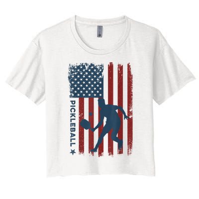 Pickleball Usa American Flag Pickle Ball Player Women's Crop Top Tee