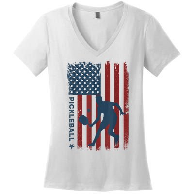 Pickleball Usa American Flag Pickle Ball Player Women's V-Neck T-Shirt