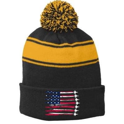 Patriotic USA American Flag Air Show Jets Stripe Pom Pom Beanie