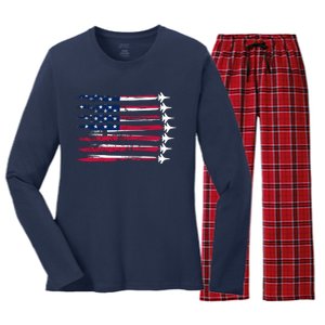 Patriotic USA American Flag Air Show Jets Women's Long Sleeve Flannel Pajama Set 