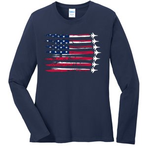 Patriotic USA American Flag Air Show Jets Ladies Long Sleeve Shirt