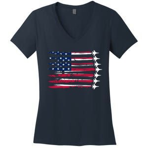 Patriotic USA American Flag Air Show Jets Women's V-Neck T-Shirt