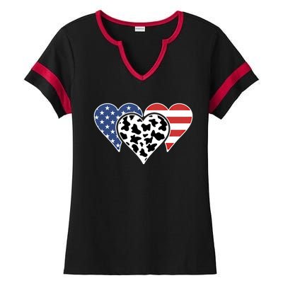 Patriotic Usa American Flag Heart Love Cow Print Us Flag Meaningful Gift Ladies Halftime Notch Neck Tee