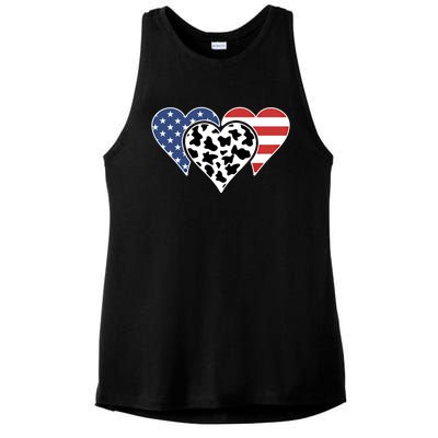 Patriotic Usa American Flag Heart Love Cow Print Us Flag Meaningful Gift Ladies PosiCharge Tri-Blend Wicking Tank