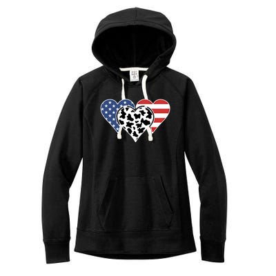 Patriotic Usa American Flag Heart Love Cow Print Us Flag Meaningful Gift Women's Fleece Hoodie