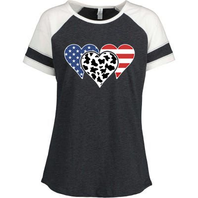 Patriotic Usa American Flag Heart Love Cow Print Us Flag Meaningful Gift Enza Ladies Jersey Colorblock Tee