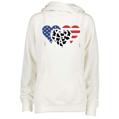 Patriotic Usa American Flag Heart Love Cow Print Us Flag Meaningful Gift Womens Funnel Neck Pullover Hood