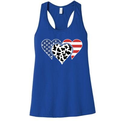 Patriotic Usa American Flag Heart Love Cow Print Us Flag Meaningful Gift Women's Racerback Tank