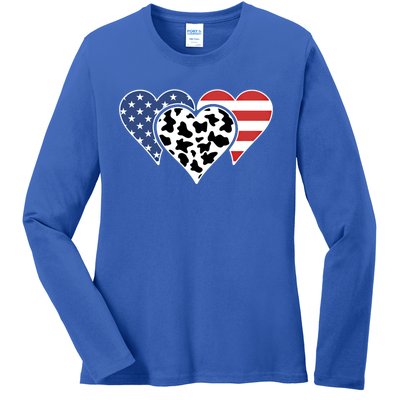 Patriotic Usa American Flag Heart Love Cow Print Us Flag Meaningful Gift Ladies Long Sleeve Shirt