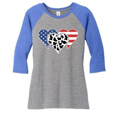 Patriotic Usa American Flag Heart Love Cow Print Us Flag Meaningful Gift Women's Tri-Blend 3/4-Sleeve Raglan Shirt