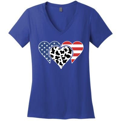 Patriotic Usa American Flag Heart Love Cow Print Us Flag Meaningful Gift Women's V-Neck T-Shirt