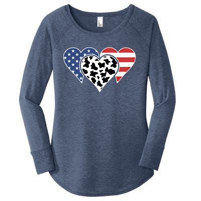 Patriotic Usa American Flag Heart Love Cow Print Us Flag Meaningful Gift Women's Perfect Tri Tunic Long Sleeve Shirt