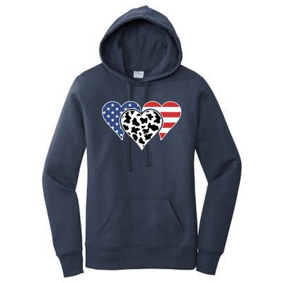 Patriotic Usa American Flag Heart Love Cow Print Us Flag Meaningful Gift Women's Pullover Hoodie