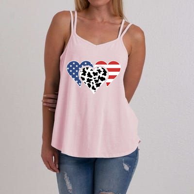 Patriotic Usa American Flag Heart Love Cow Print Us Flag Meaningful Gift Women's Strappy Tank