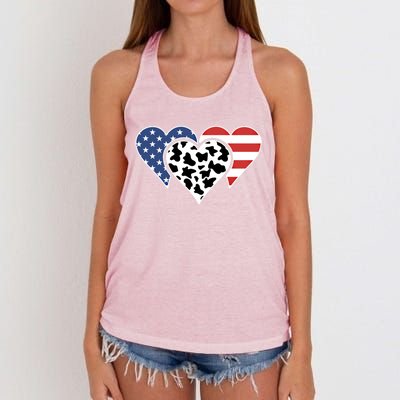 Patriotic Usa American Flag Heart Love Cow Print Us Flag Meaningful Gift Women's Knotted Racerback Tank