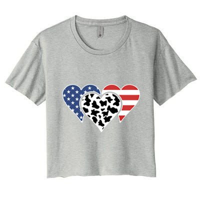 Patriotic Usa American Flag Heart Love Cow Print Us Flag Meaningful Gift Women's Crop Top Tee