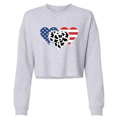 Patriotic Usa American Flag Heart Love Cow Print Us Flag Meaningful Gift Cropped Pullover Crew