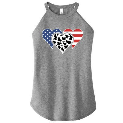 Patriotic Usa American Flag Heart Love Cow Print Us Flag Meaningful Gift Women's Perfect Tri Rocker Tank