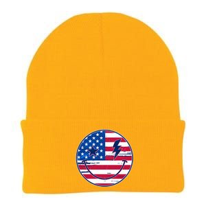 Patriotic USA American Flag Smiley Emoji Knit Cap Winter Beanie