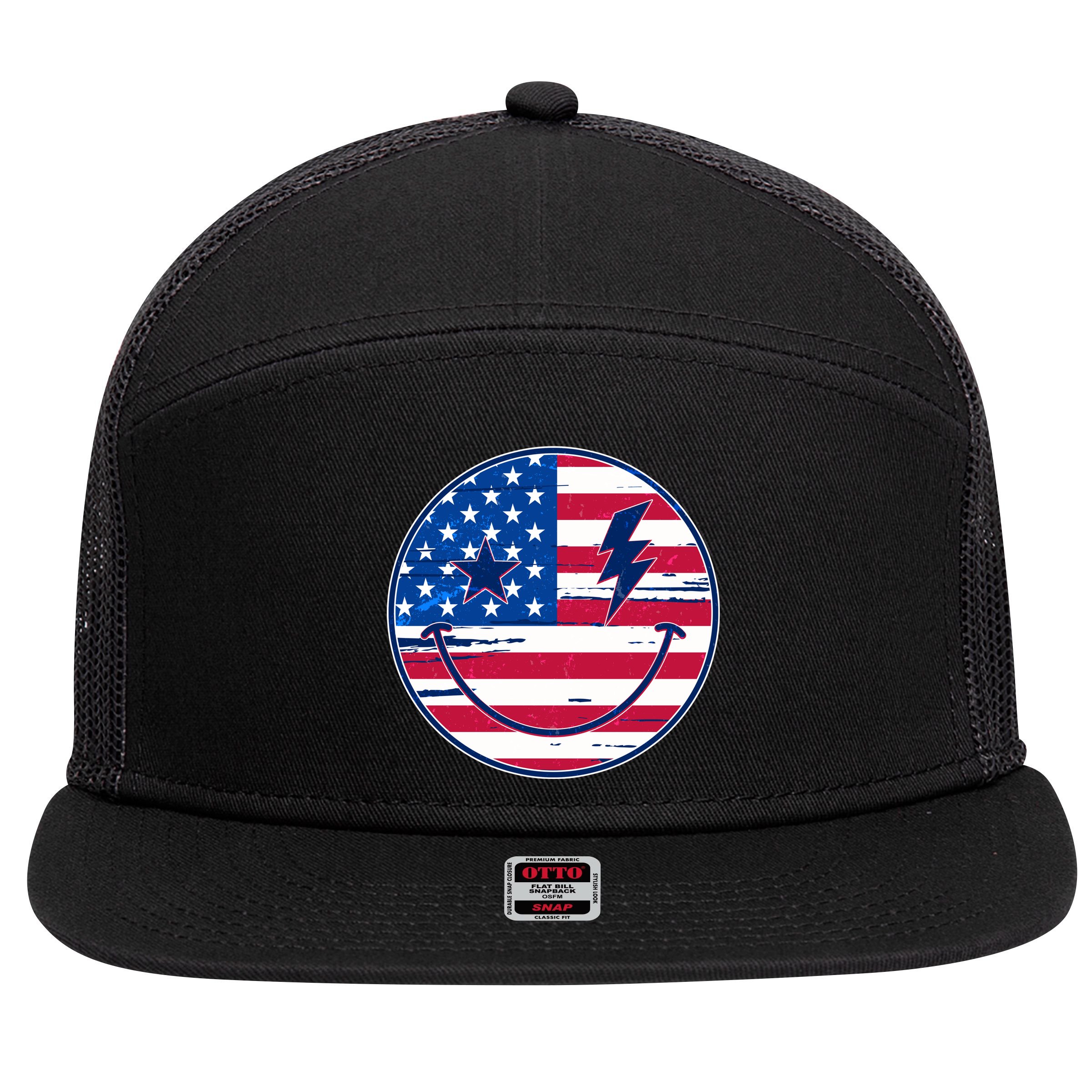 Patriotic USA American Flag Smiley Emoji 7 Panel Mesh Trucker Snapback Hat
