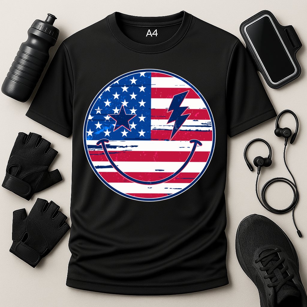 Patriotic USA American Flag Smiley Emoji Cooling Performance Crew T-Shirt