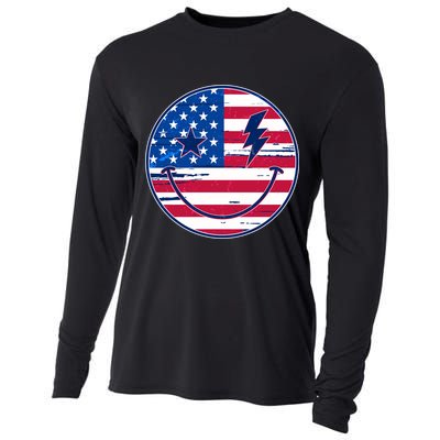 Patriotic USA American Flag Smiley Emoji Cooling Performance Long Sleeve Crew