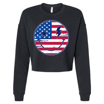 Patriotic USA American Flag Smiley Emoji Cropped Pullover Crew