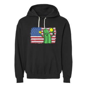 Pickleball US American Flag Pickle With Paddle Pickle Ball Garment-Dyed Fleece Hoodie