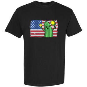 Pickleball US American Flag Pickle With Paddle Pickle Ball Garment-Dyed Heavyweight T-Shirt