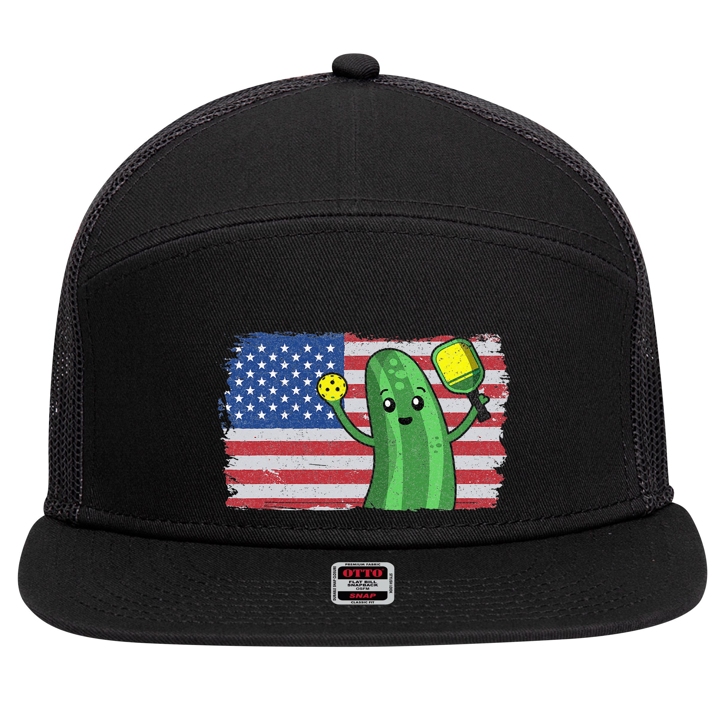 Pickleball US American Flag Pickle With Paddle Pickle Ball 7 Panel Mesh Trucker Snapback Hat
