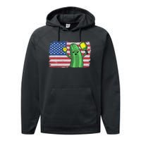 Pickleball US American Flag Pickle With Paddle Pickle Ball Performance Fleece Hoodie