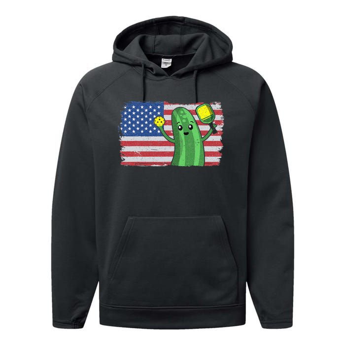 Pickleball US American Flag Pickle With Paddle Pickle Ball Performance Fleece Hoodie