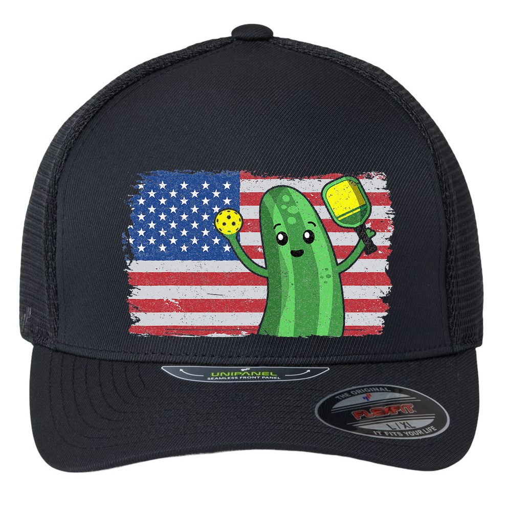Pickleball US American Flag Pickle With Paddle Pickle Ball Flexfit Unipanel Trucker Cap