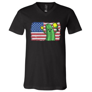 Pickleball US American Flag Pickle With Paddle Pickle Ball V-Neck T-Shirt